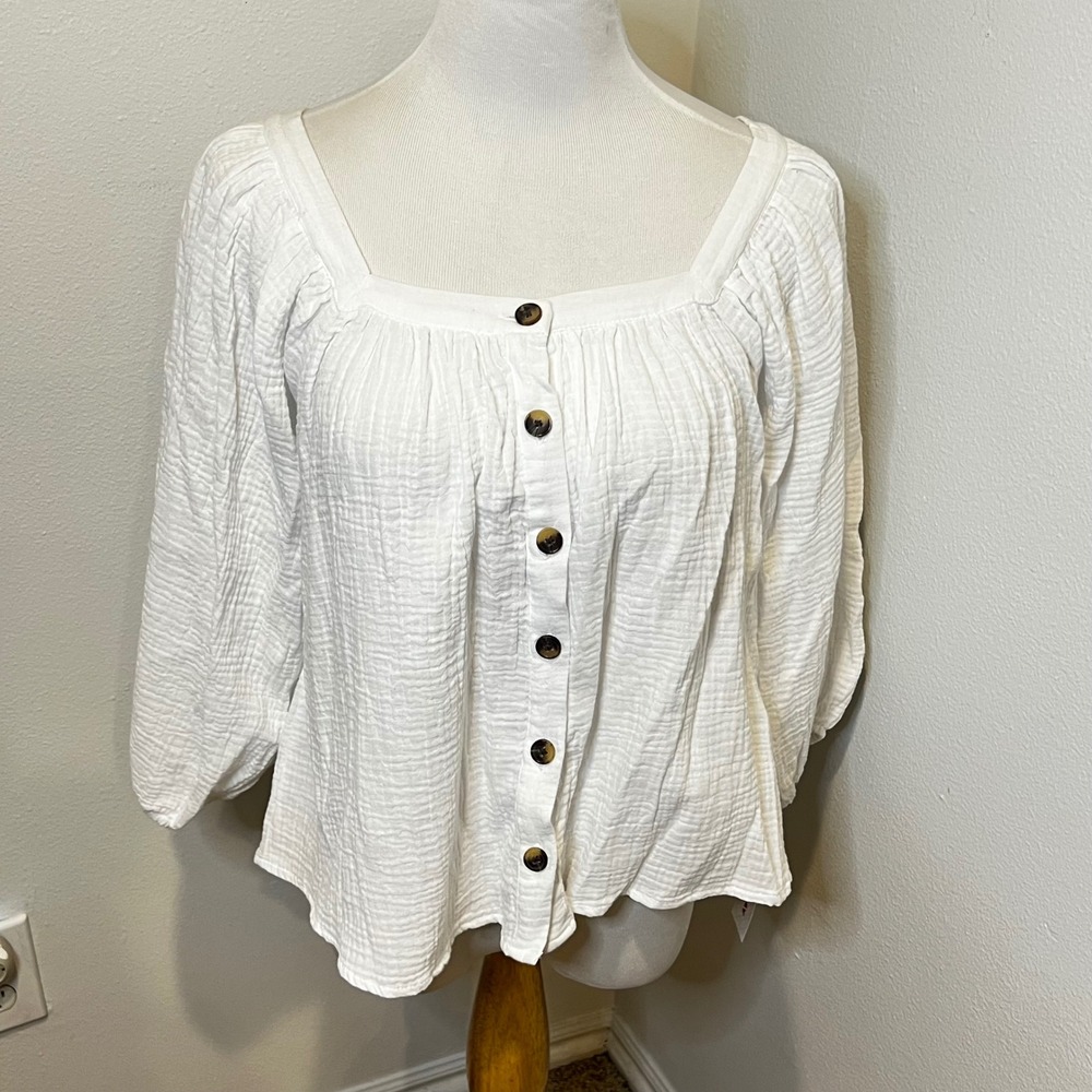 Unionbay Womens Krystin White Square Neck Gauze Button Front Top Juniors M